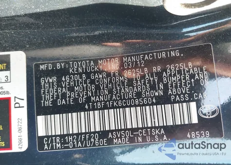 2012 Toyota Camry Se z USA, uszkodzony, nr VIN 4T1BF1FK6CU085604